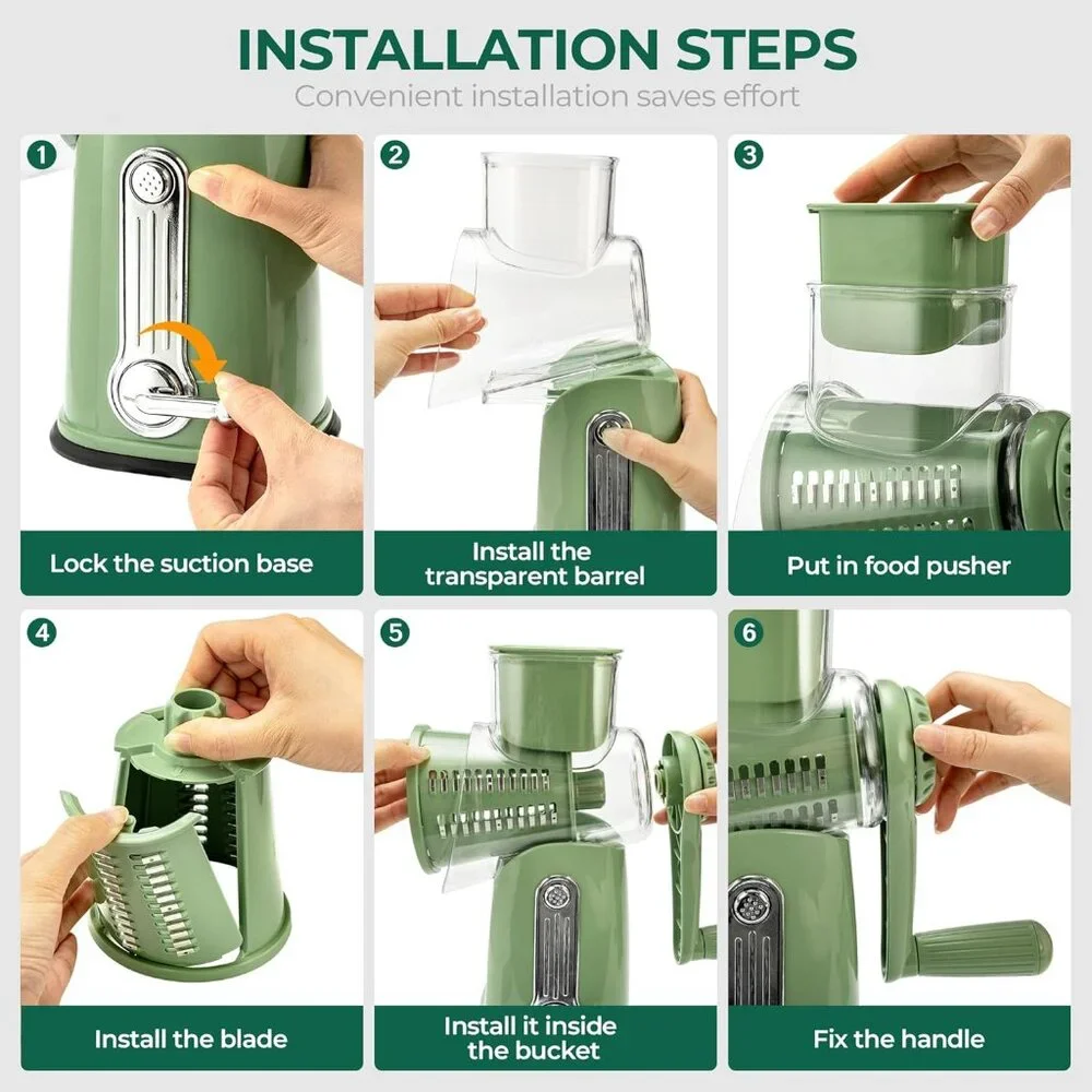 Rotary Cheese Grater w/Handle &5 Blades, Round Slicer & Vegetable Grater Green